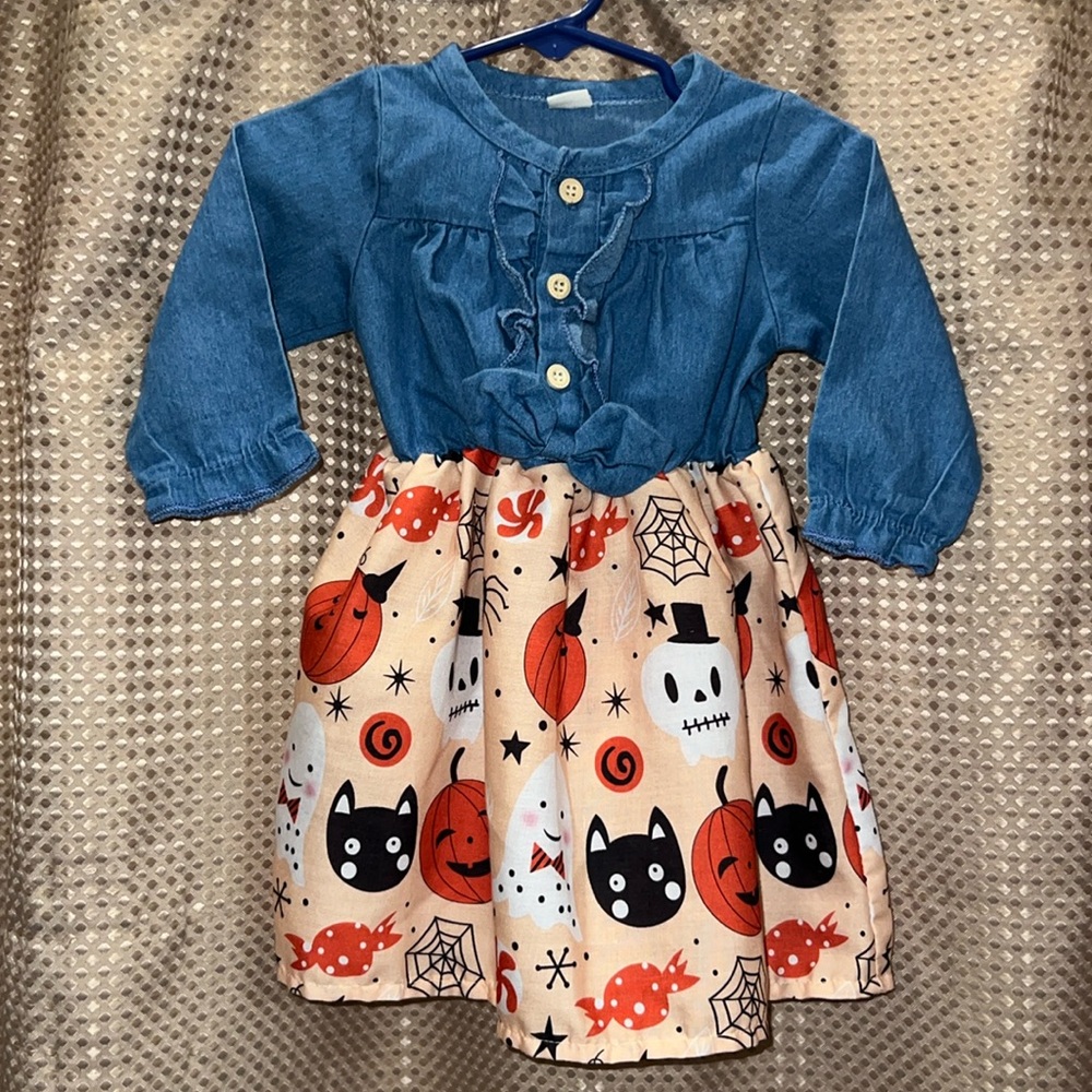 KIDS' HALLOWEEN PARTY DENIM SPLICED BOWKNOT DRESS IN APRICOT Size 80
